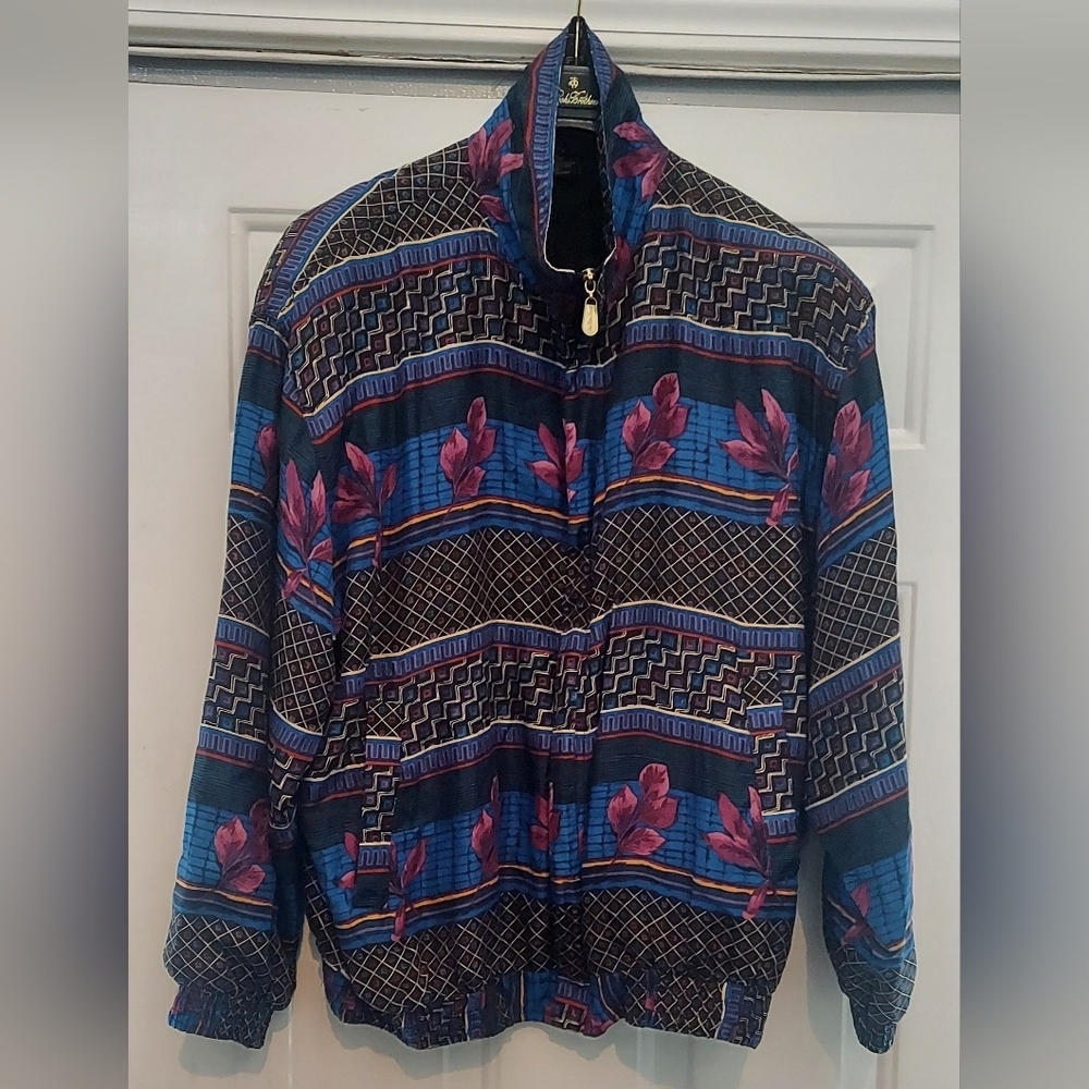 FUDA INTERNATIONAL WOMEN'S MULTICOLOR 100% SILK ZIP-UP BOMBER JACKET SIZE XL